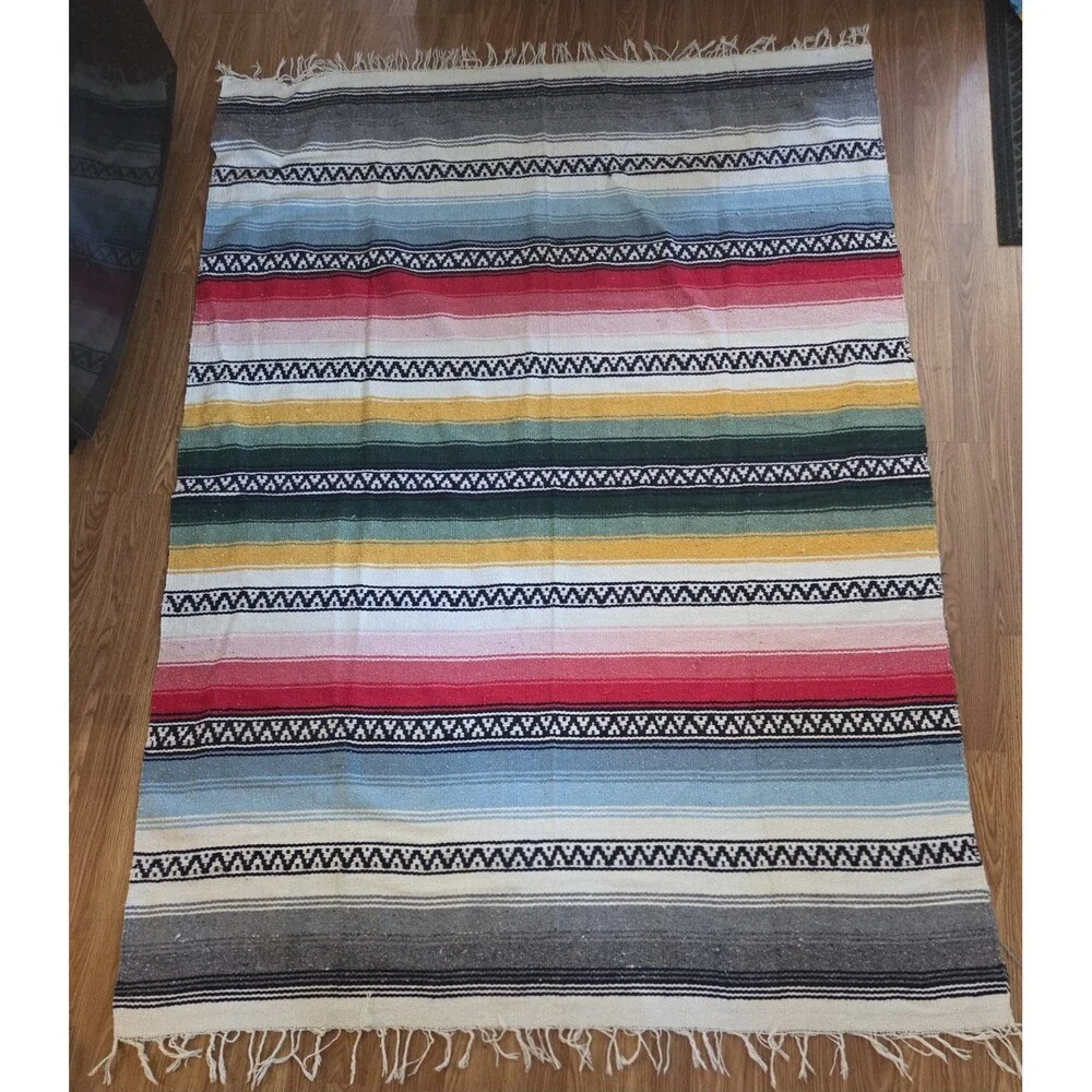 Vintage Mexican Serape Fringe Multicolor Blanket/Throw/Rug 80x57 Vibrant Colors
